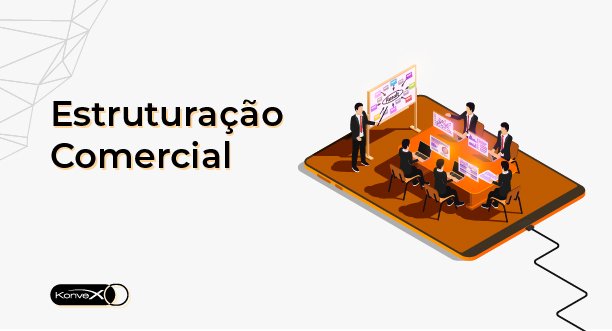 Imagem ilustrativa de uma reunião de equipe em ambiente de negócios, com pessoas discutindo estratégias de estruturação comercial em um cenário moderno.