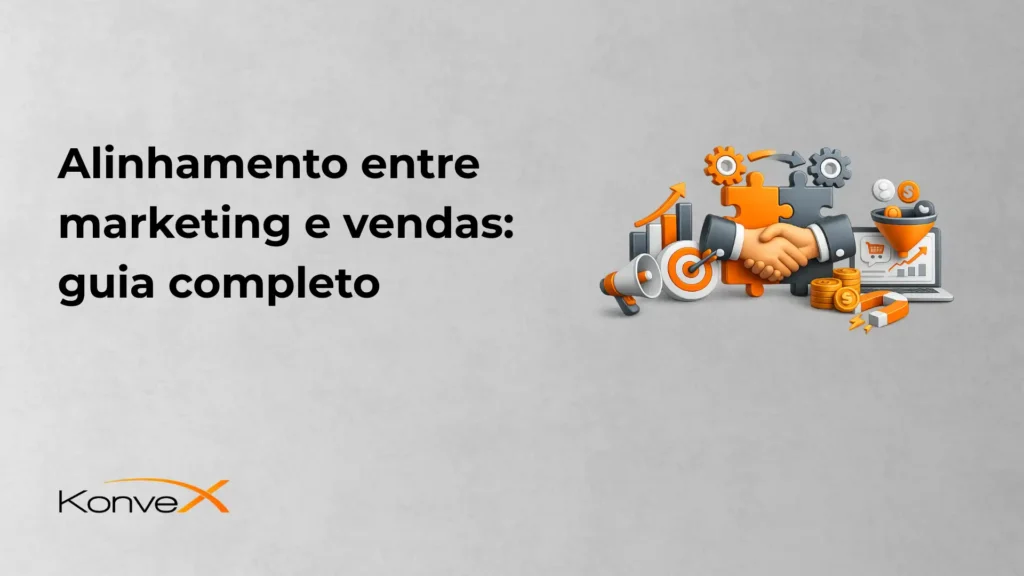 Imagem ilustrativa sobre alinhamento entre marketing e vendas, apresentando elementos gráficos como gráficos, mãos apertadas, moedas e computador, que representam estratégias de negócios e crescimento financeiro.