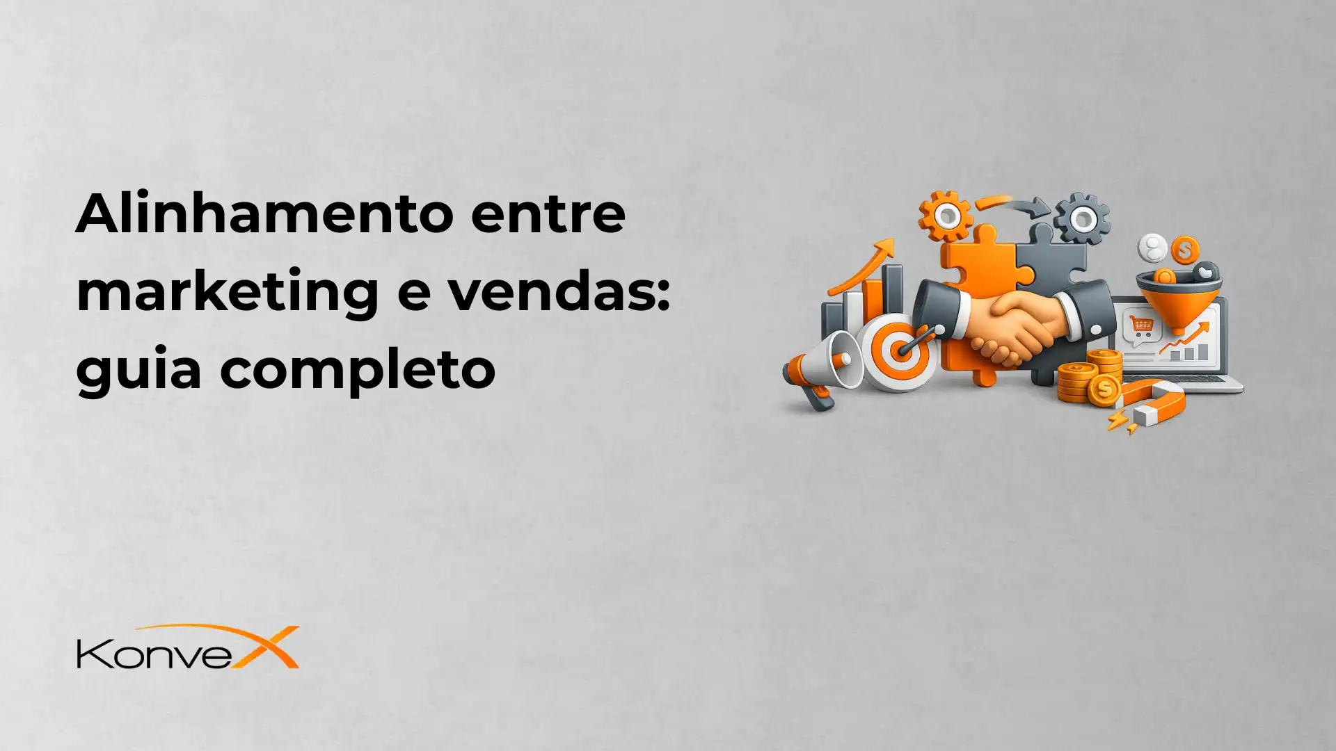 Imagem ilustrativa sobre alinhamento entre marketing e vendas, apresentando elementos gráficos como gráficos, mãos apertadas, moedas e computador, que representam estratégias de negócios e crescimento financeiro.