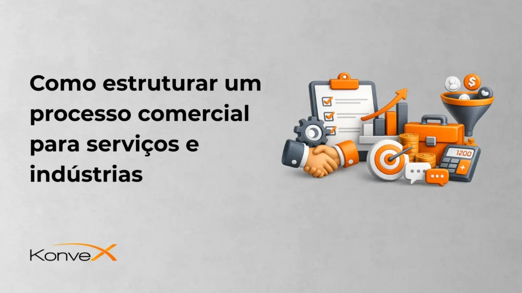 Imagem ilustrativa sobre como estruturar um processo comercial para serviços e indústrias, incluindo gráficos, moedas e elementos de negócios, com foco em estratégias de vendas e crescimento empresarial.