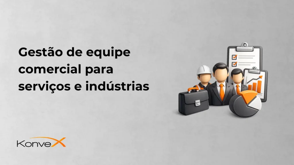 Imagem ilustrativa de gestão de equipe comercial para serviços e indústrias, com personagens e gráficos de crescimento, promovendo eficiência na administração empresarial.