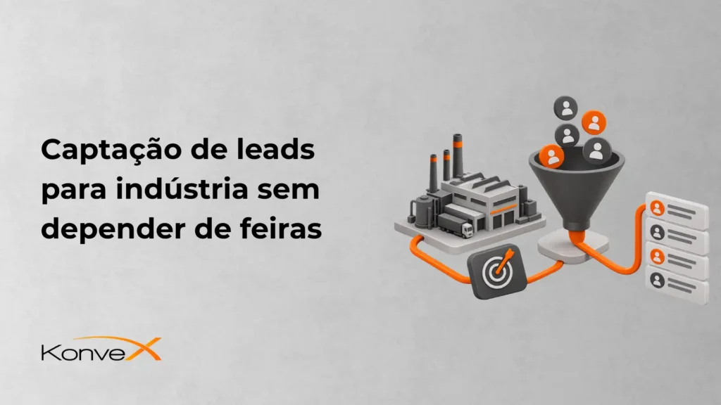 Ilustração de marketing para captação de leads para indústria sem depender de feiras, com fábrica, funil de contatos e lista de clientes no estilo gráfico.