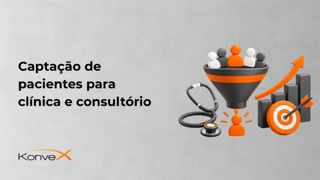 Ilustração de captação de pacientes para clínica e consultório: funil com pessoas, estetoscópio, ícone de alvo e setas de crescimento, com marca KonveX ao canto inferior.