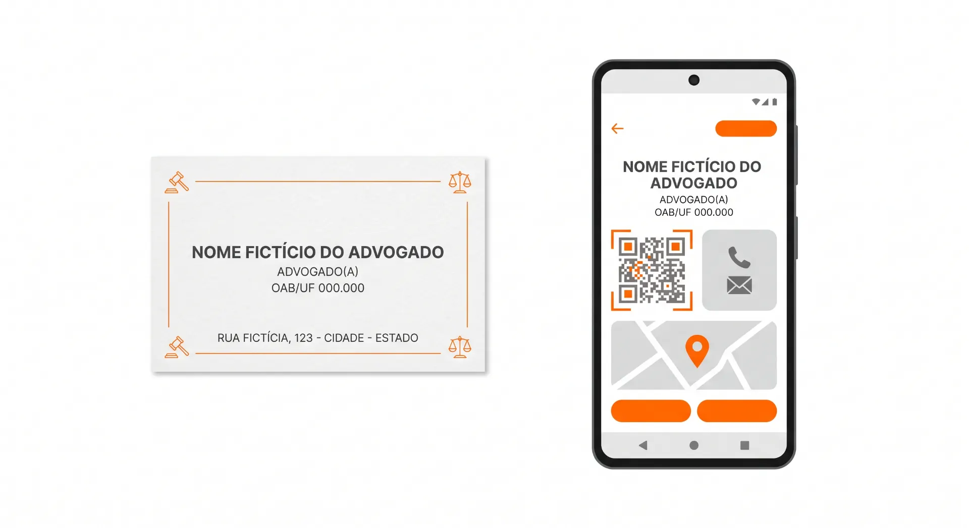 Imagem mostra dois exemplos de identificação do advogado: um cartão com informações fictícias e, ao lado, um celular com dados do advogado, incluindo QR code e campos como nome e OAB/UF.