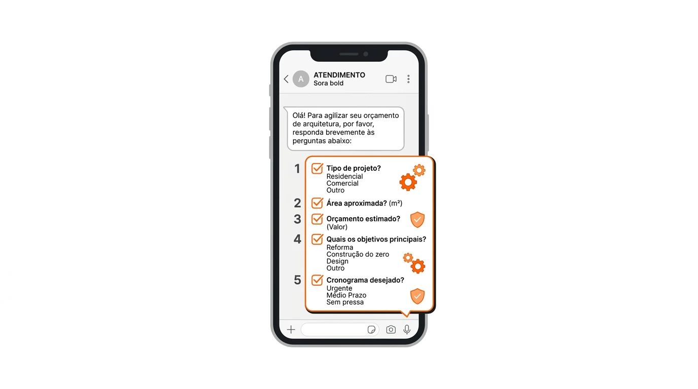 Celular com atendimento em aplicativo exibindo formulário de orçamento para projeto residencial, com campos como tipo de projeto, área aproximada e cronograma estimado, em interface de chat.