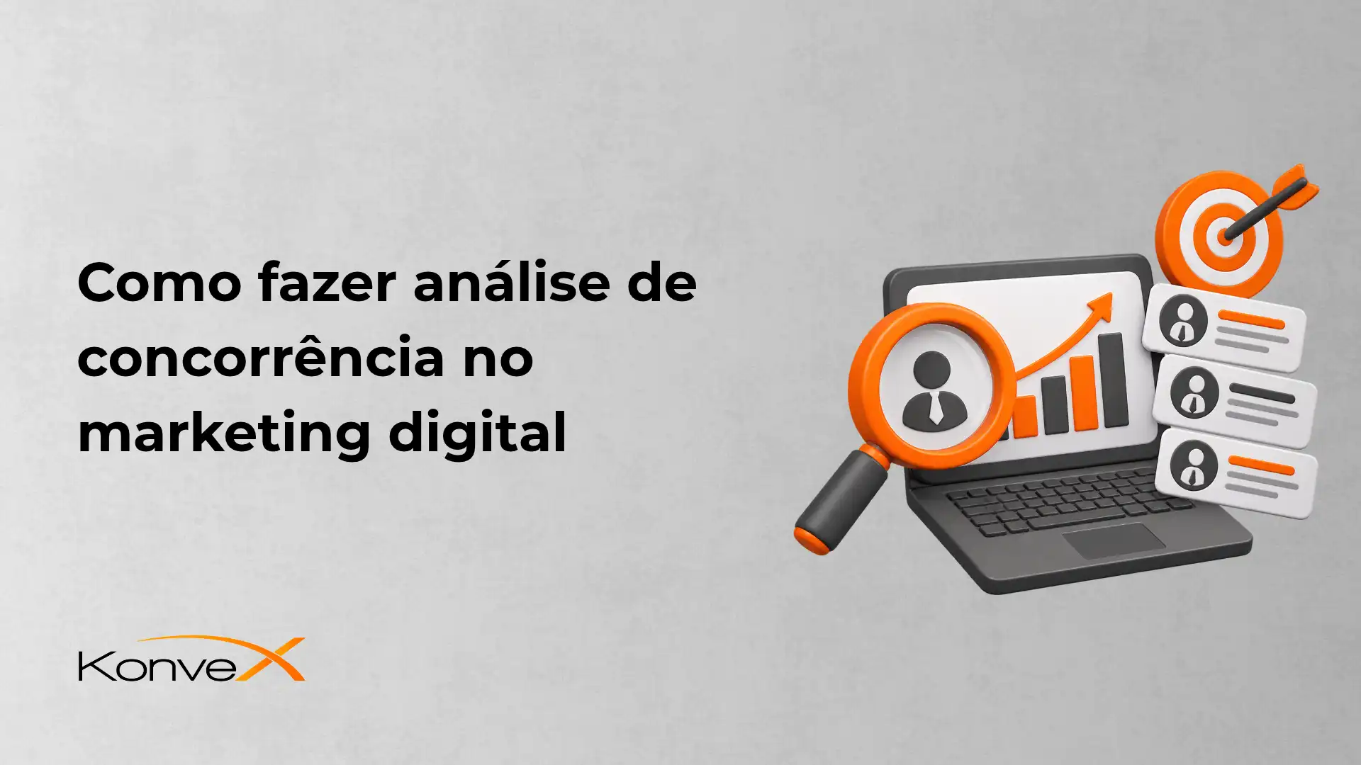 Ilustração com lupa e gráfico em alta ao lado de um notebook, ícones de usuários e metas, representando como fazer análise de concorrência no marketing digital. Texto: “Como fazer análise de concorrência no marketing digital”. Marca “Konvex”.