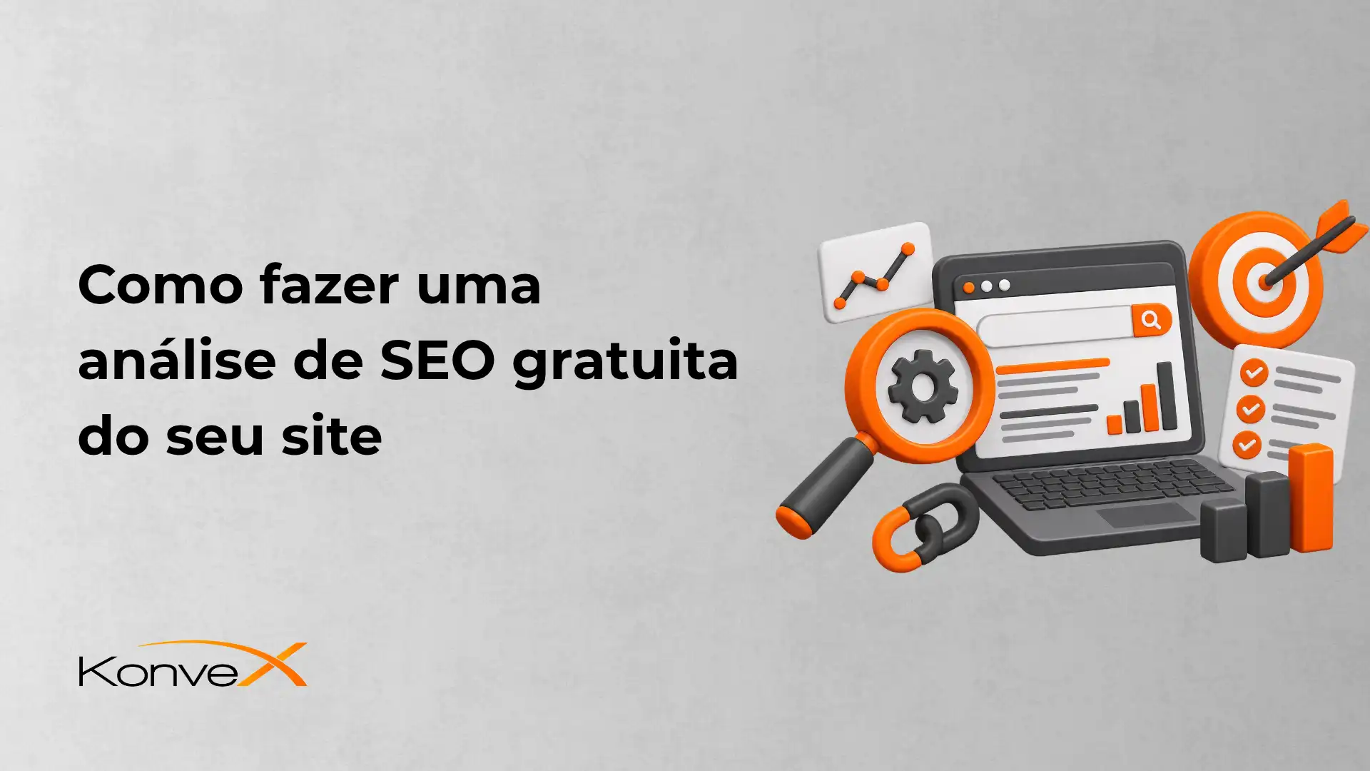 Imagem com o texto “Como fazer uma análise de SEO gratuita do seu site” e elementos visuais de SEO, como lupa, gráfico e painel de checklist, ao lado da marca Konvex.