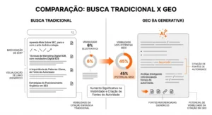 Infográfico comparando busca tradicional e GEO (busca com IA generativa), com percentuais de visibilidade e potencial de SEO, incluindo citação de fontes e análise inteligente.