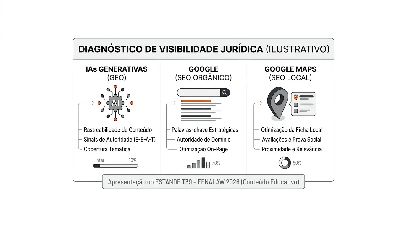 Infográfico ilustrativo “Diagnóstico de Visibilidade Jurídica” com comparação entre IA generativas (Geo), Google (SEO orgânico) e Google Maps (SEO local), destacando rastreabilidade, palavras-chave, otimização de ficha local e relevância.