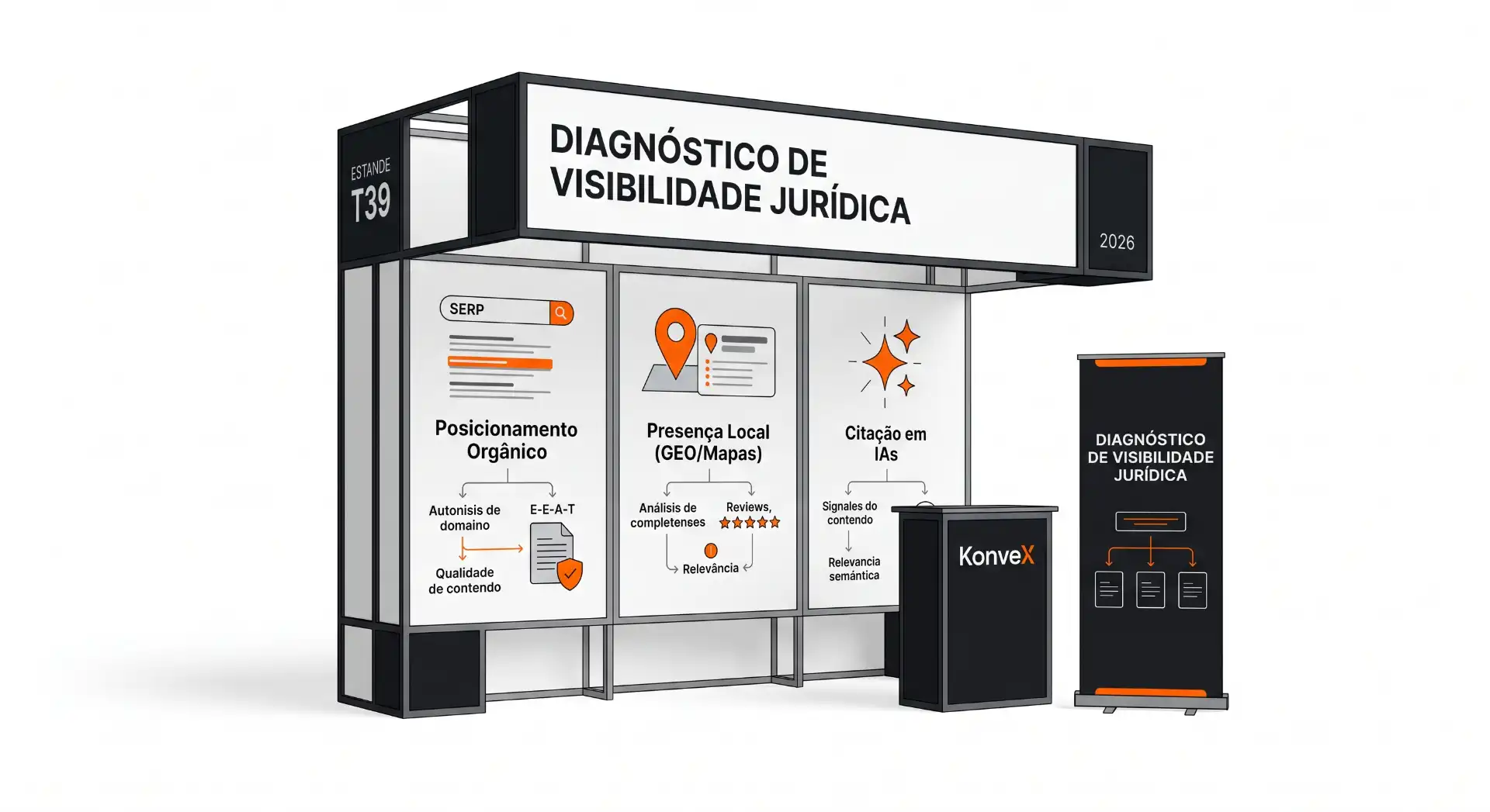 Ilustração 3D de um painel com o texto “Diagnóstico de Visibilidade Jurídica”, mostrando elementos de posicionamento orgânico, presença local (GEO/Mapas) e citações em IA, além de um display com o mesmo tema.