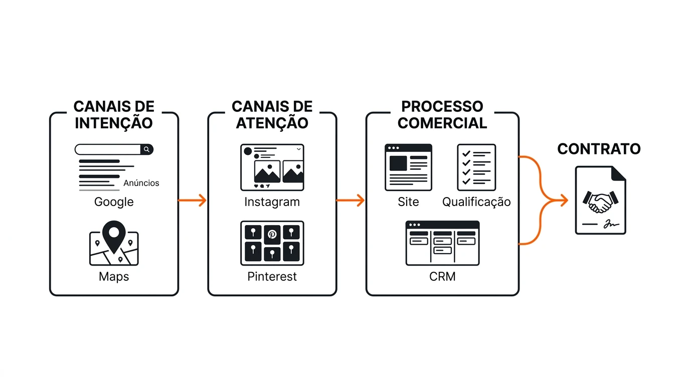 Diagrama com etapas de marketing e vendas: canais de intenção (Google, Maps), canais de atenção (Instagram e Pinterest), processo comercial (site, qualificação, CRM) e contrato final.