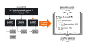 Diagrama comparando estrutura de headings em HTML com sumário de livro: H1, H2 e H3 à esquerda e, à direita, exemplo de capítulos e seções no sumário. Setas indicam correspondência com analogia didática.