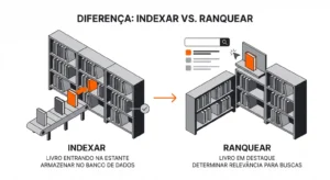 Ilustração comparativa mostrando a diferença entre indexar e ranquear: livro entrando na estante para armazenar no banco de dados versus livro em destaque para determinar a relevância em buscas.