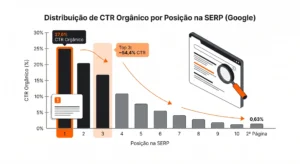 Gráfico ilustrado de distribuição de CTR orgânico por posição na SERP (Google), com destaque para 1ª posição com 27,6% e queda para 2ª página com 0,63%, além de seta indicando Top 3 com cerca de 54,4% CTR.