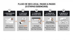 Infográfico “Fluxo de SEO Local: Passo a Passo (5 etapas essenciais)” com cinco passos numerados: configuração do perfil, coleta de avaliações, otimização on-page local, criação de conteúdo local e medição de resultados com CTR, CPL e conversão.