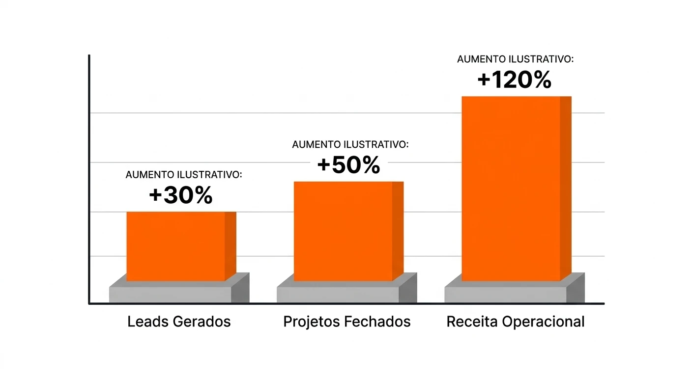 Gráfico com barras laranjas ilustrando aumento de 30% em Leads Gerados, 50% em Projetos Fechados e 120% em Receita Operacional, com fundo branco e linhas de referência.