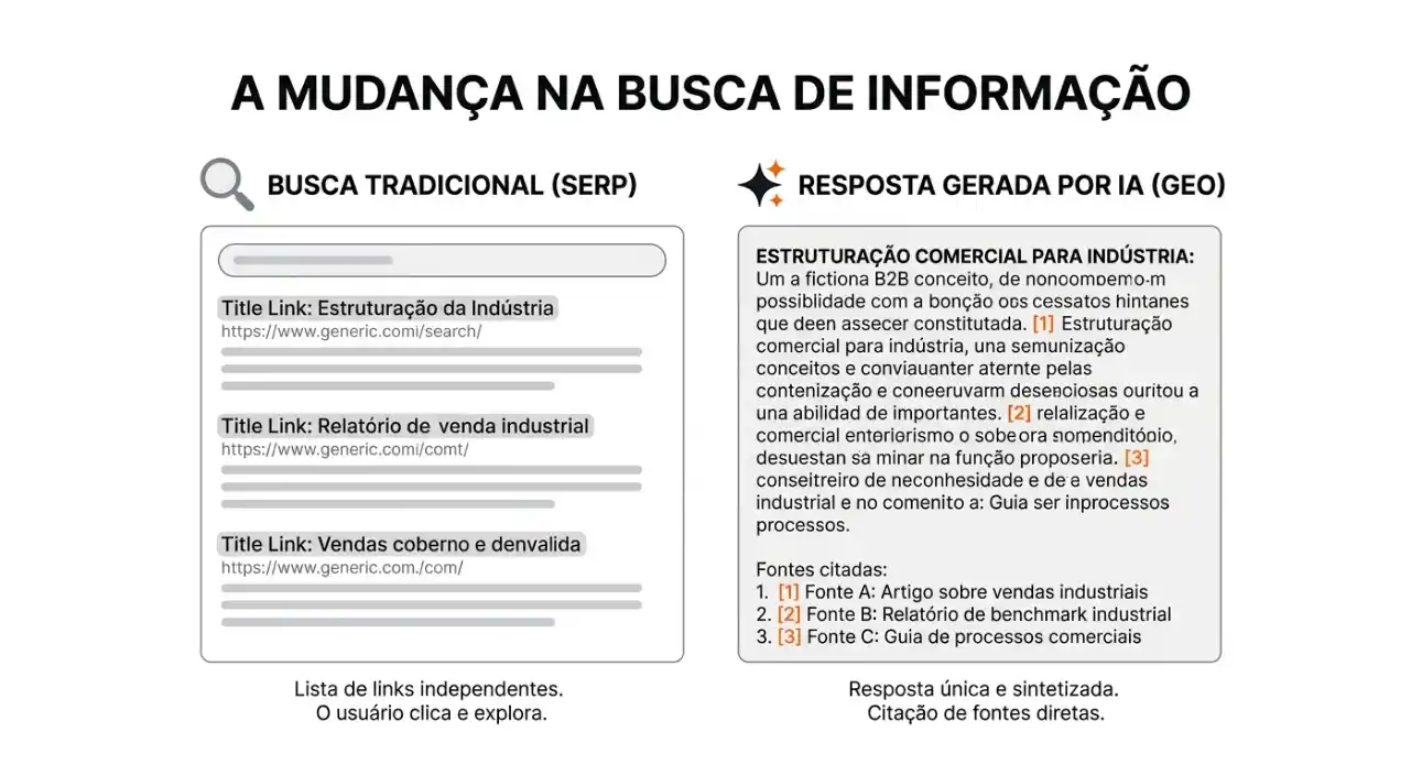 Infográfico comparando a busca tradicional (SERP) e a resposta gerada por IA (GEO), com exemplo de links, texto de estrutura comercial da indústria e indicação de fontes citadas. Texto: “A mudança na busca de informação”.