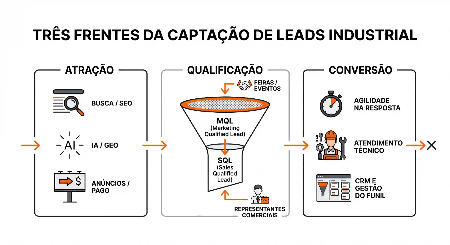 Infográfico sobre a captação de leads industrial com três etapas: atração (busca e anúncios), qualificação (MQL e SQL em feiras e eventos) e conversão (agilidade na resposta, atendimento técnico e CRM), com exemplos de fluxo.