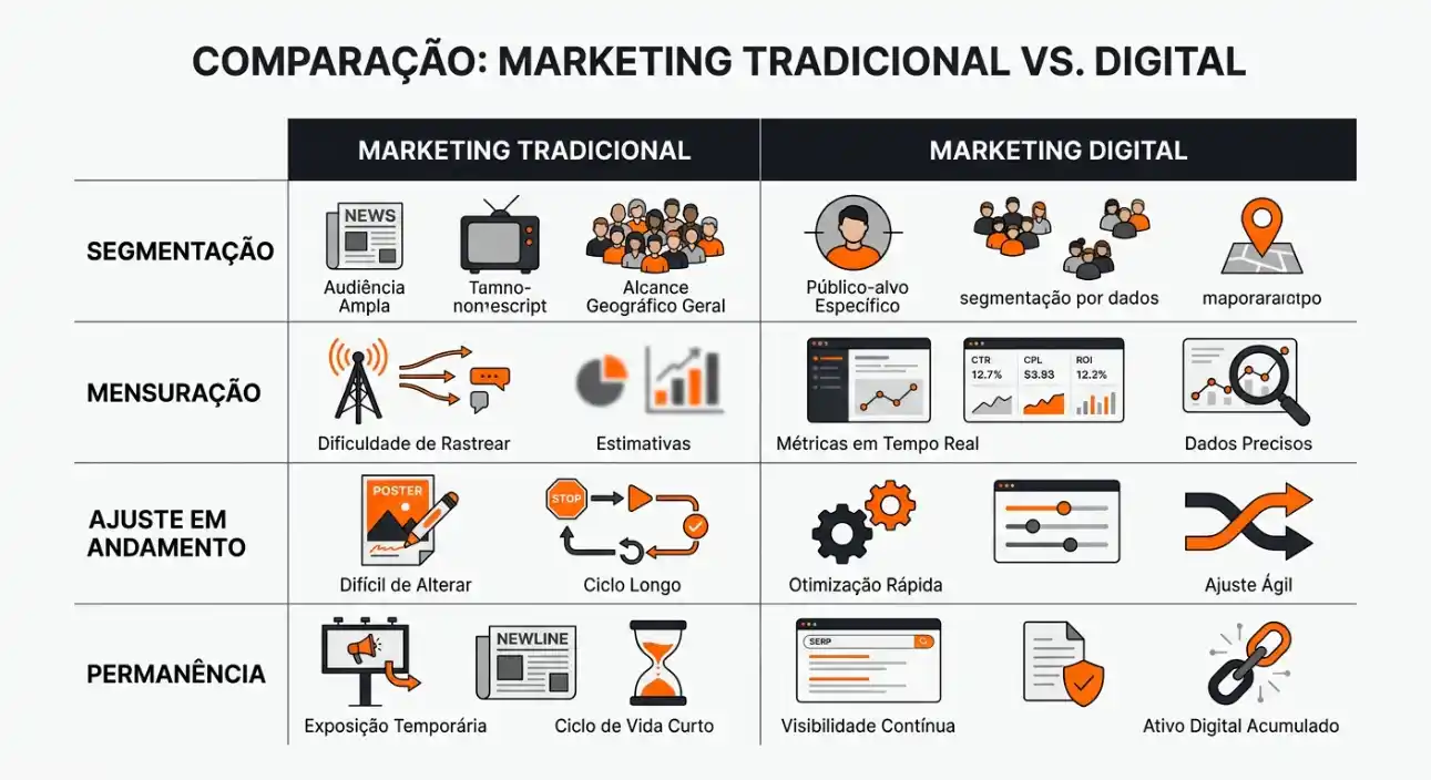 Infográfico comparando marketing tradicional vs marketing digital, com seções de segmentação, mensuração, ajuste em andamento e permanência, destacando benefícios como dados precisos e métricas em tempo real.