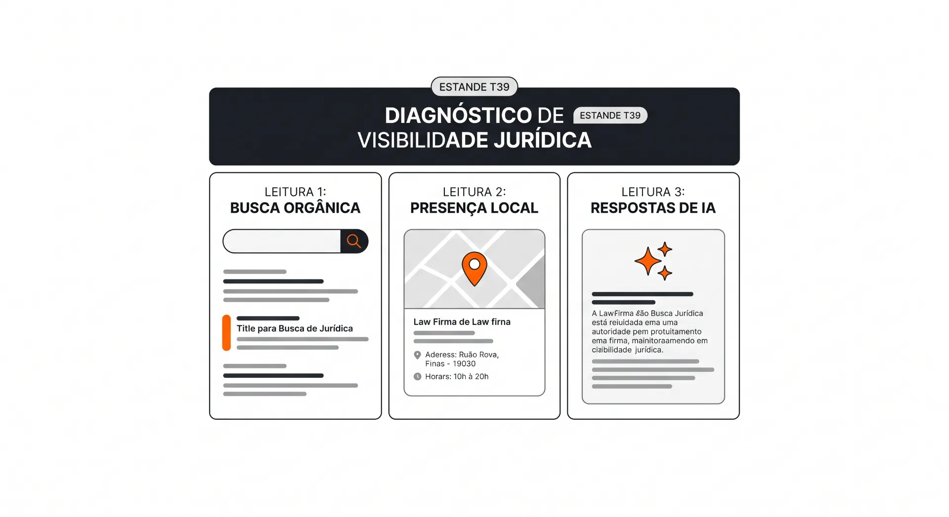 Após a lista do H3 "O que esperar das demonstrações ao vivo no estande T39?". Arquivo: diagnostico-visibilidade-juridica-estande-t39-fenalaw.webp. Mockup de tela com as três leituras do diagnóstico (Google, Google Maps, IAs) e a identificação do estande T39. Alt: "Diagnóstico de Visibilidade Jurídica no estande T39". Excluir: marca da FENALAW, que pertence à organização do evento.