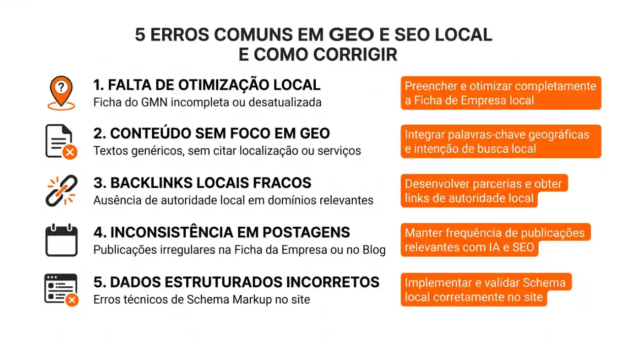 Infográfico com o título “5 ERROS COMUNS EM GEO E SEO LOCAL E COMO CORRIGIR”, listando falta de otimização local, conteúdo sem foco em GEO, links locais fracos, inconsistência em postagens e dados estruturados incorretos, com dicas de correção.