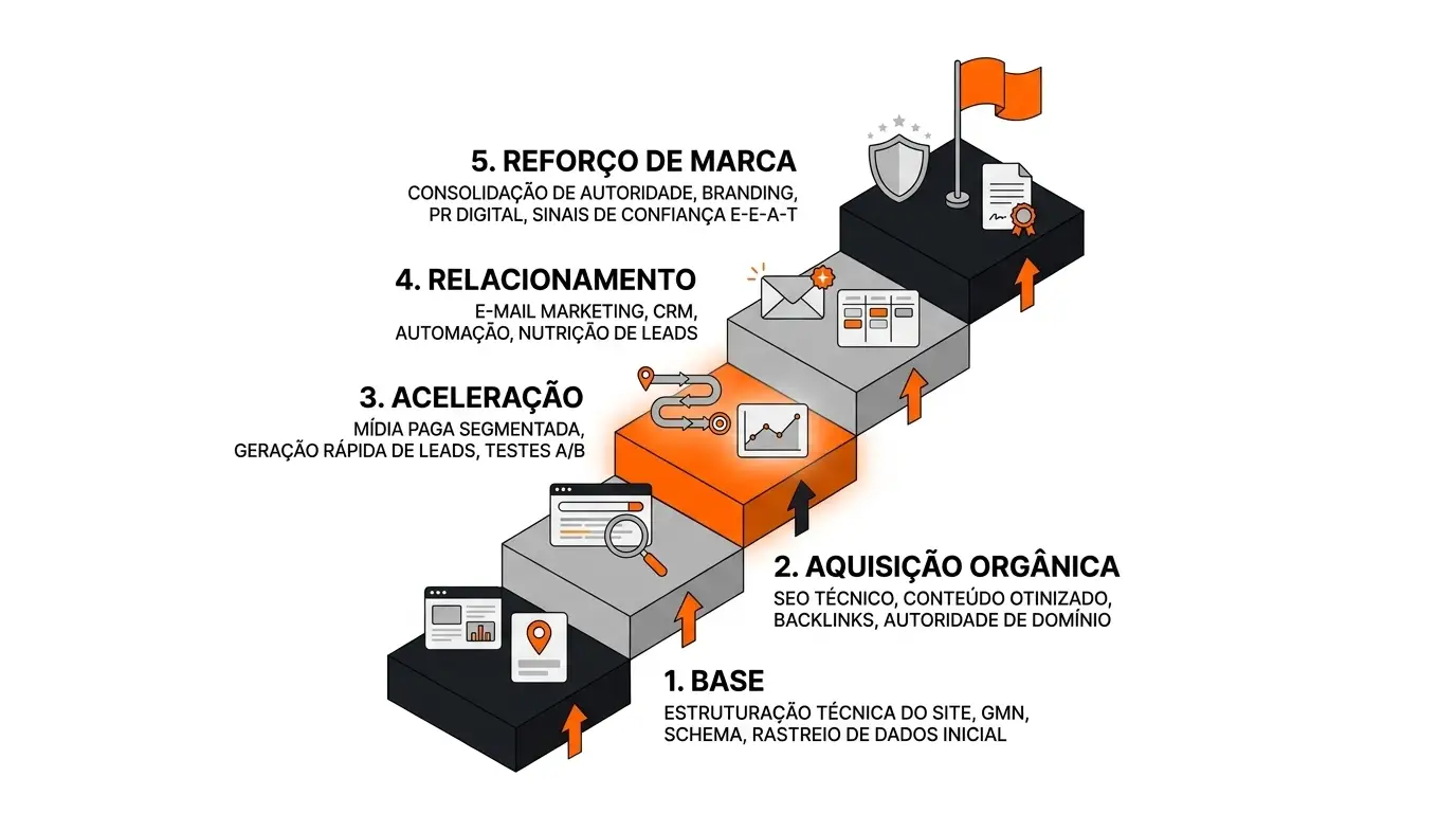 Infográfico com etapas de reforço de marca e funil de marketing digital, incluindo base técnica, aquisição orgânica, aceleração, relacionamento via e-mail e consolidação de autoridade e sinais de confiança