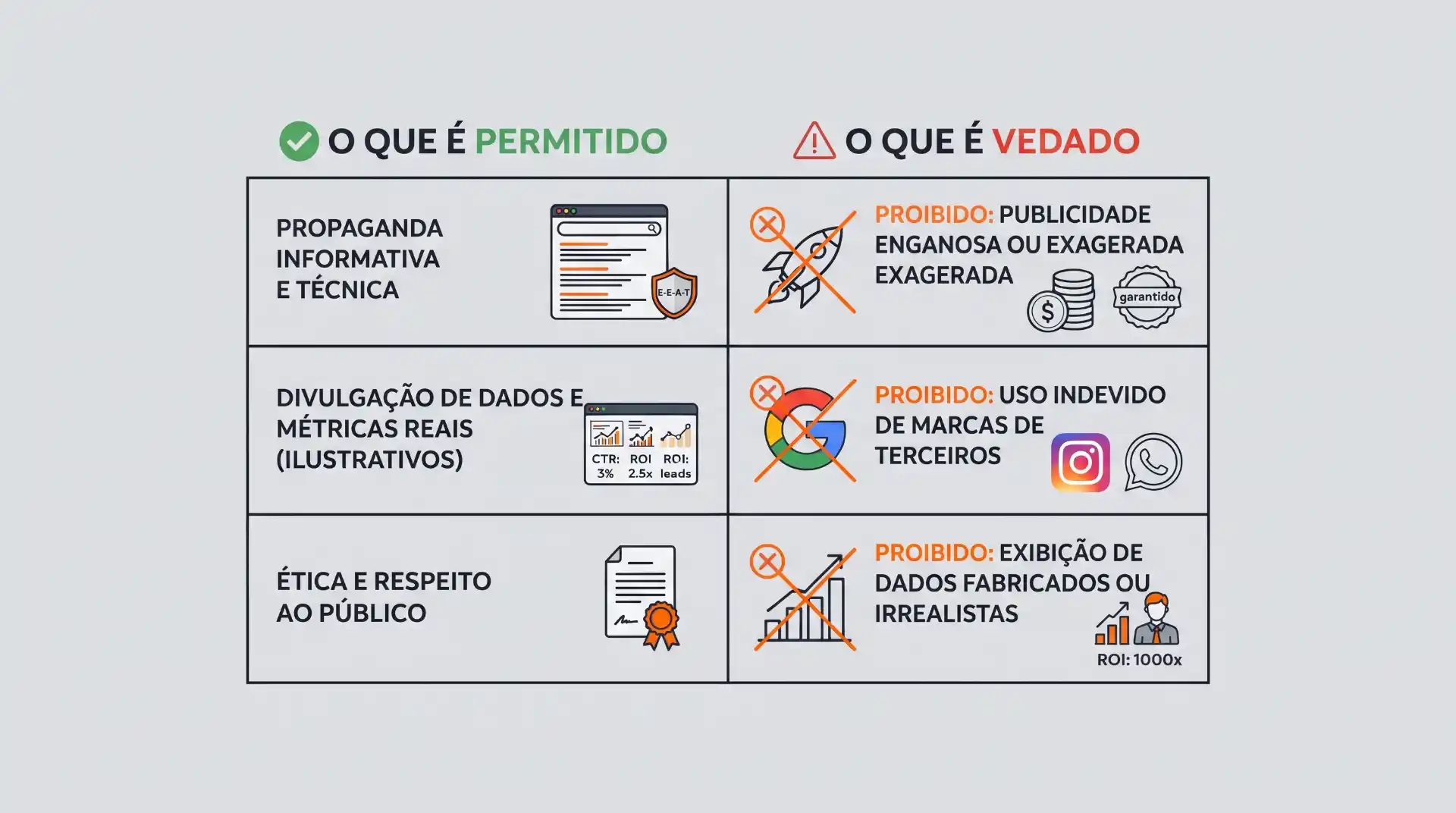 Infográfico com regras de ética e conformidade: “O que é permitido” mostra propaganda informativa e divulgação de dados reais; “O que é vedado” proíbe publicidade enganosa, uso indevido de marcas e exibição de dados fabricados ou irreais.