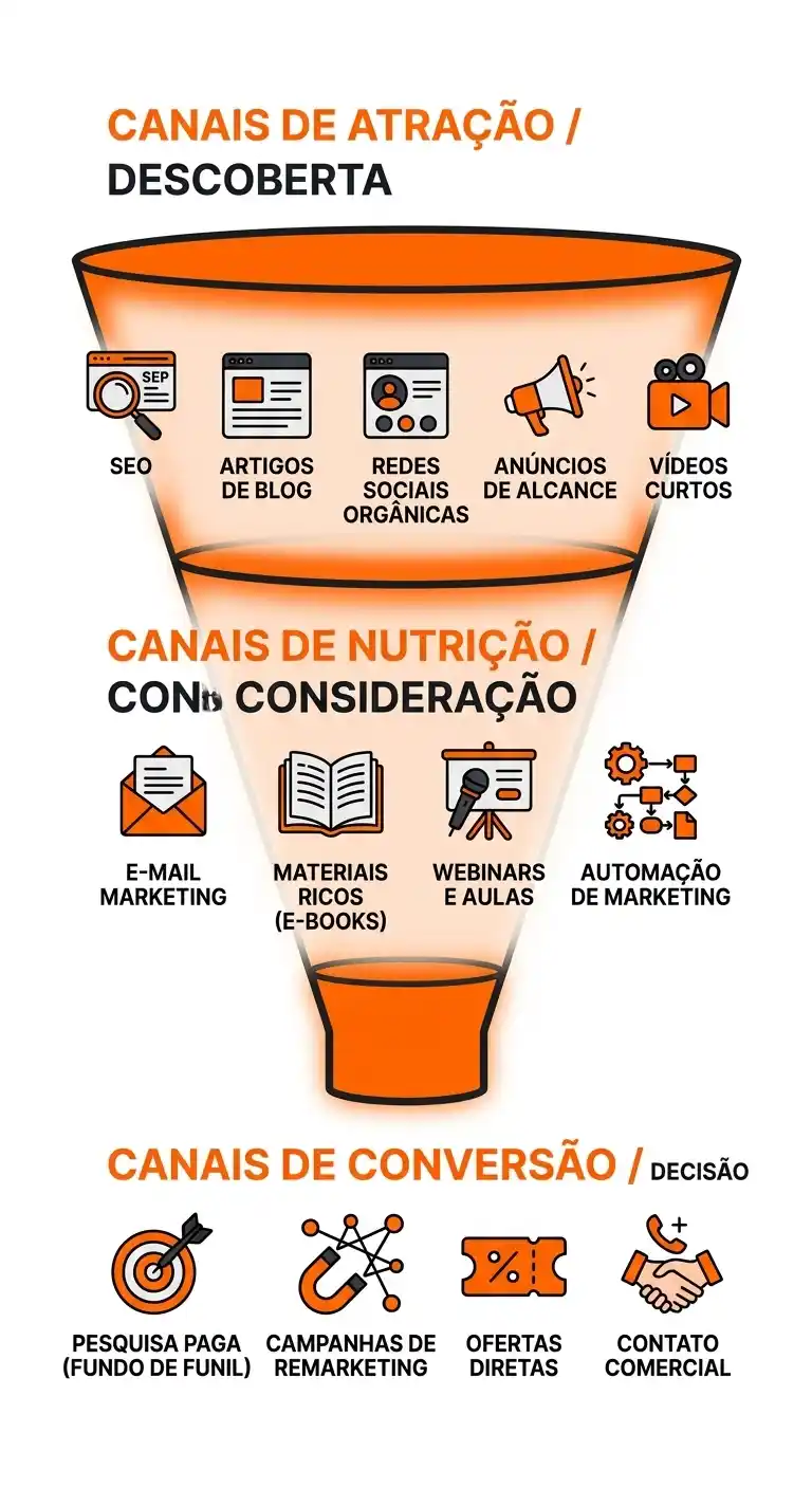 Infográfico em funil de marketing com canais de atração e descoberta, nutrição e consideração, e conversão e decisão, incluindo SEO, redes sociais, anúncios, e-mail, webinários e automação de marketing.