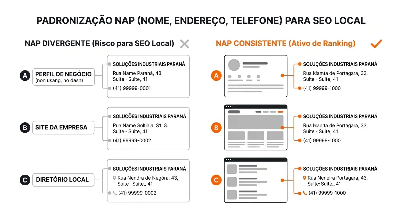 Infográfico comparando NAP divergente e NAP consistente para SEO local, com exemplos de perfil de negócio, site da empresa e diretório local.