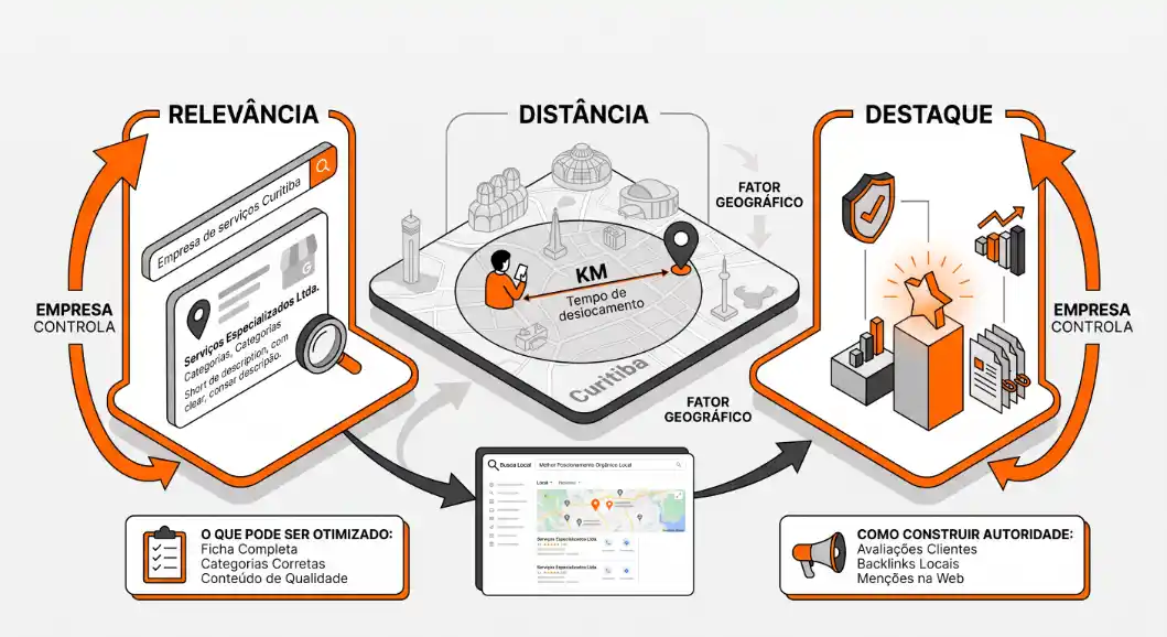 Infográfico em ilustração mostrando como otimizar empresa controlando relevância, distância e destaque, com fatores geográficos, mapas, gráficos e etapas de autoridade
