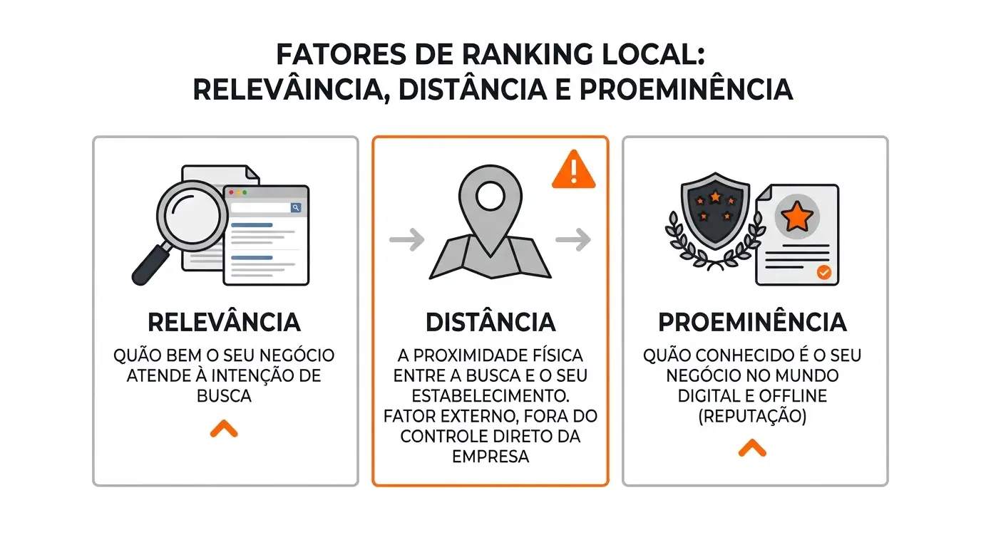 Infográfico de ranking local com três fatores: relevância, distância e proeminência. A imagem destaca textos sobre como a relevância do negócio, a proximidade física e a reputação digital e offline influenciam resultados locais.