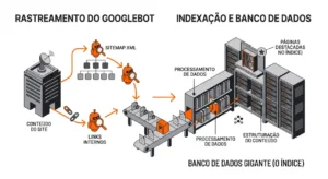 Infográfico em estilo técnico mostrando o rastreamento do Googlebot: captura de conteúdo do site, leitura do sitemap.xml e links internos, processamento e estruturação de dados até formar um banco de dados gigante (índice) com páginas destacadas no índice.