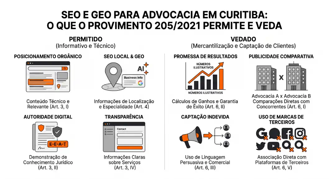Infográfico com regras de SEO e GEO para advocacia em Curitiba: o que o provimento 205/2021 permite e veda, com seções de posicionamento orgânico, autoridade digital, transparência, captação indevida e uso de marcas de terceiros.