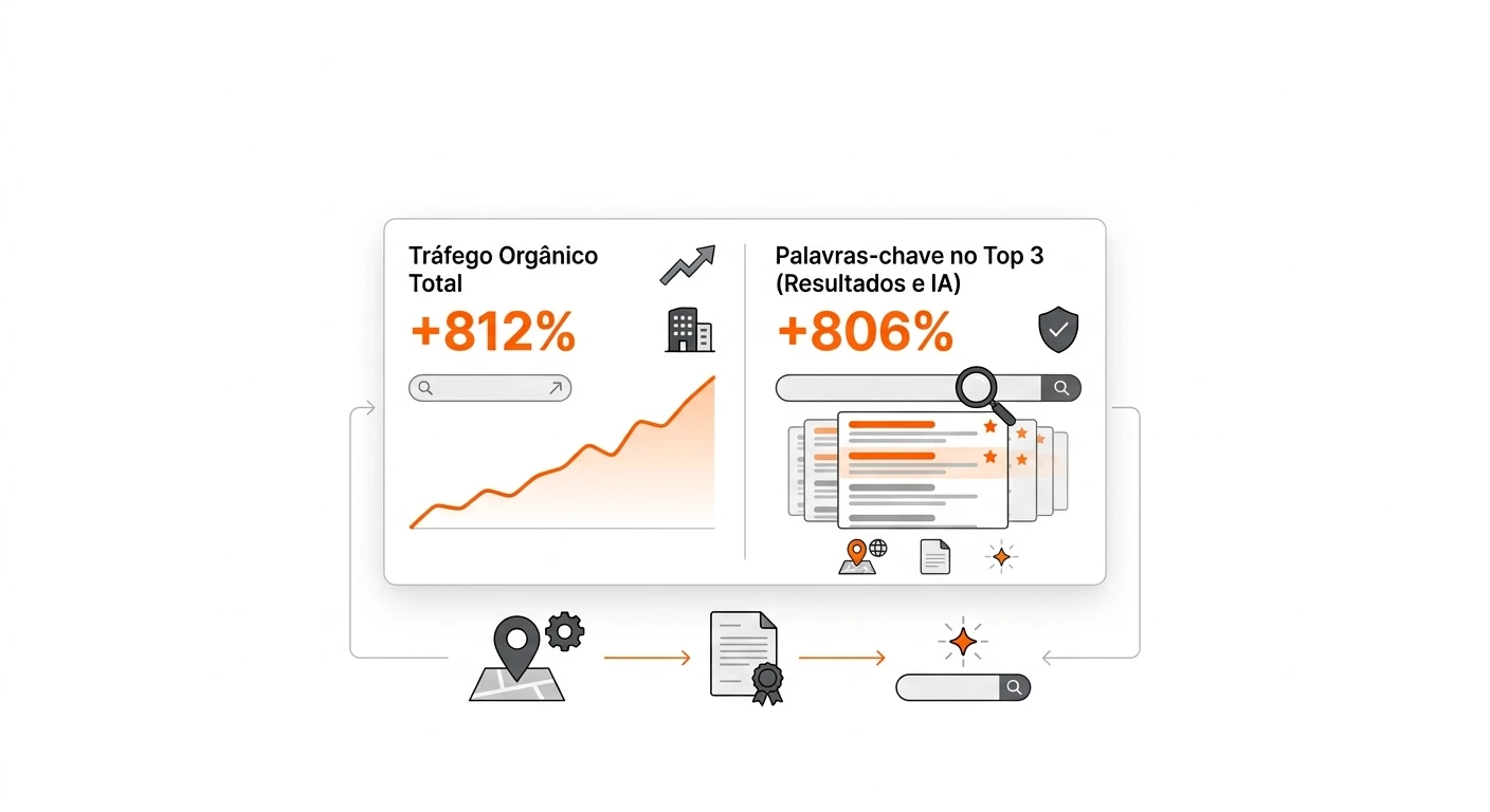 Infográfico sobre tráfego orgânico e palavras-chave, com gráficos e resultados em destaque (+812% e +806%) mostrando aumento de desempenho em SEO e IA.