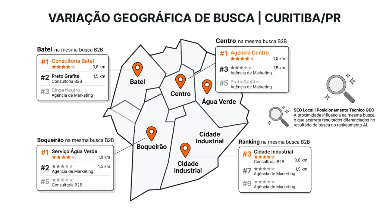 Infográfico de variação geográfica de busca para Curitiba/PR, com ranking e agências B2B como Batel, Centro, Água Verde, Boqueirão e Cidade Industrial.