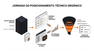 Infográfico sobre a jornada do posicionamento técnico orgânico, com etapas visuais: estrutura técnica, E-E-A-T e esquema, citação em SEO (Geo), autoridade de domínio, ranking de busca orgânica e geração de leads qualificados com dados de performance como CTR e ROI.