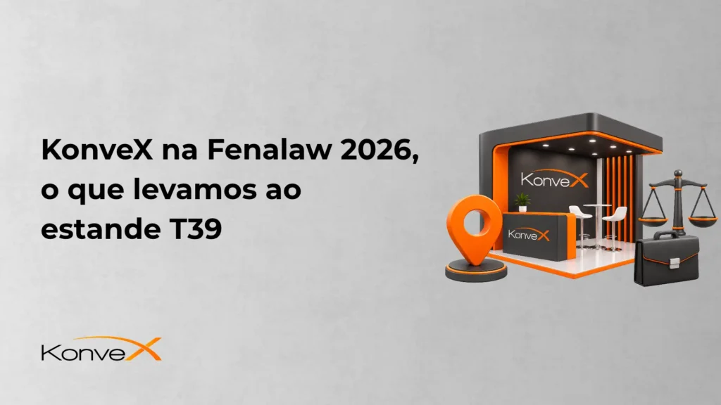 KonveX na Fenalaw 2026, o que levamos ao estande T39. A imagem mostra um estande em estilo 3D com iluminação laranja, o logo KonveX, um marcador de localização e ícones como balança e mala executiva, em fundo cinza claro.
