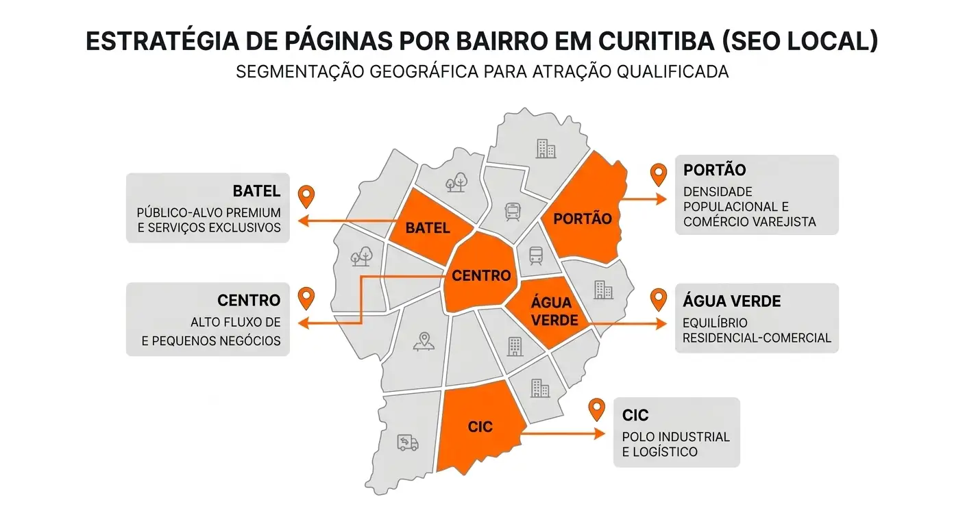 Mapa de Curitiba com estratégia de páginas por bairro (SEO local), mostrando regiões como Batel, Centro, Portão, Água Verde e CIC, com segmentação geográfica e objetivos de atração qualificada.