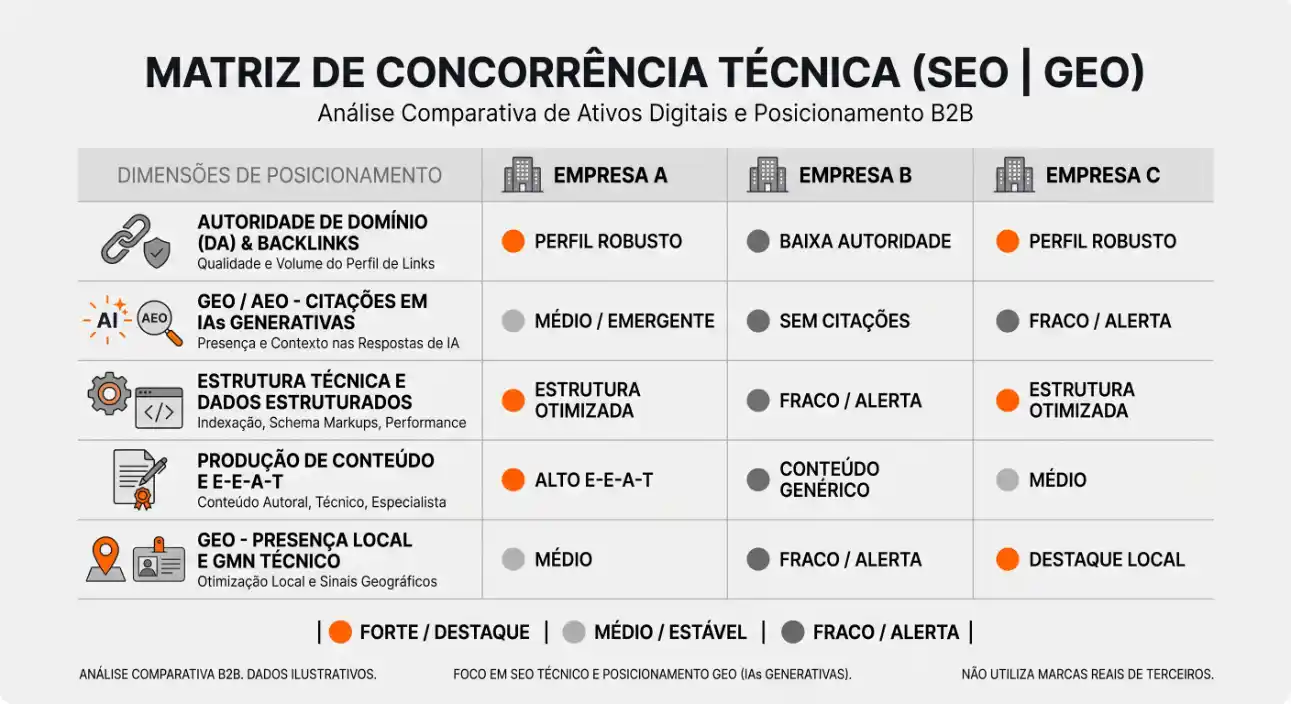 Matriz de concorrência técnica (SEO | GEO) com análise comparativa entre Empresa A, Empresa B e Empresa C, mostrando autoridade de domínio, GEO/AEO, estrutura técnica e dados estruturados, produção de conteúdo e presença local.