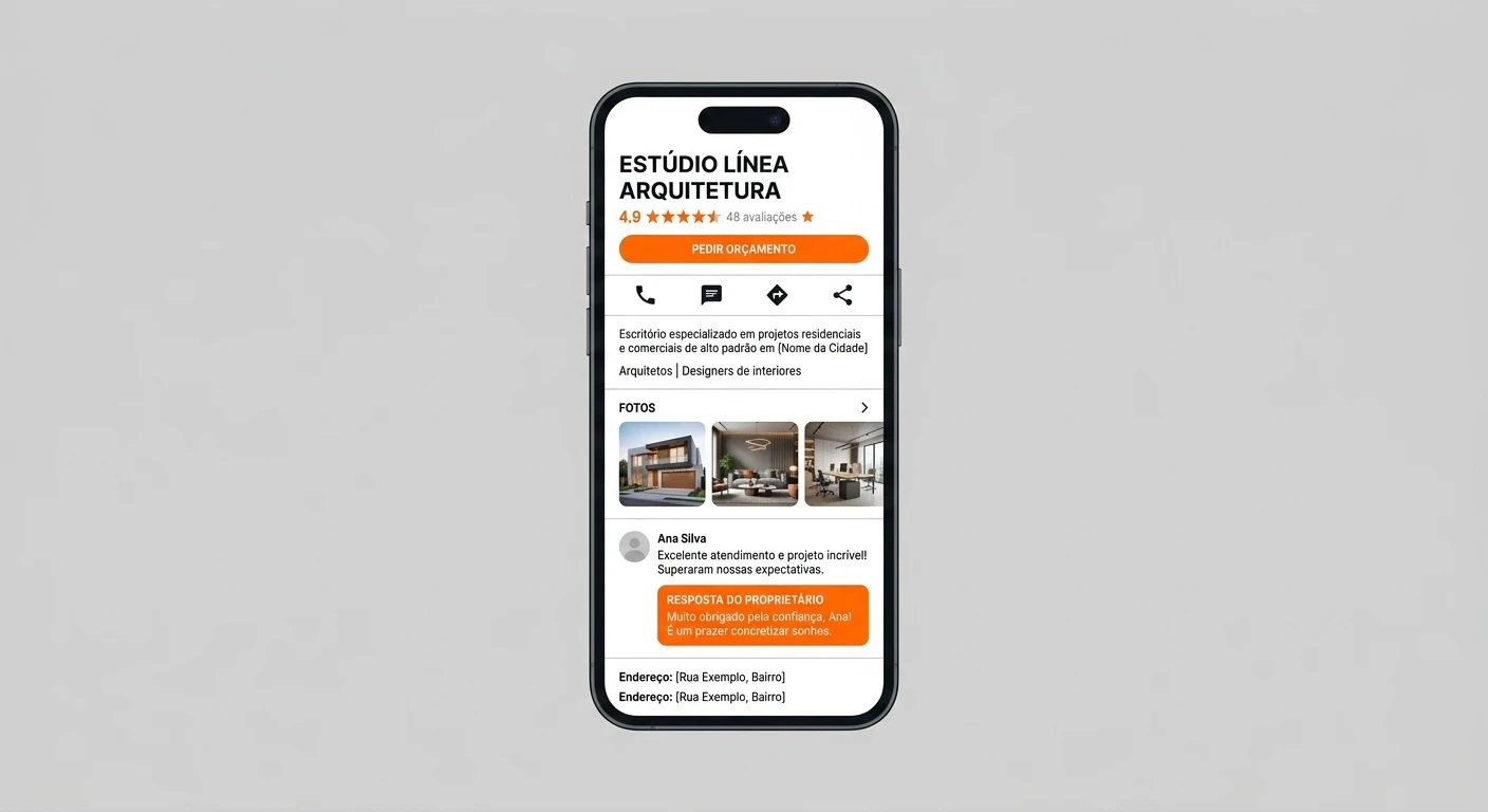 Mockup de um celular exibindo uma página de portfólio e informações de Estúdio Línea Arquitetura, com seções de fotos, depoimento e botão de pedir orçamento.