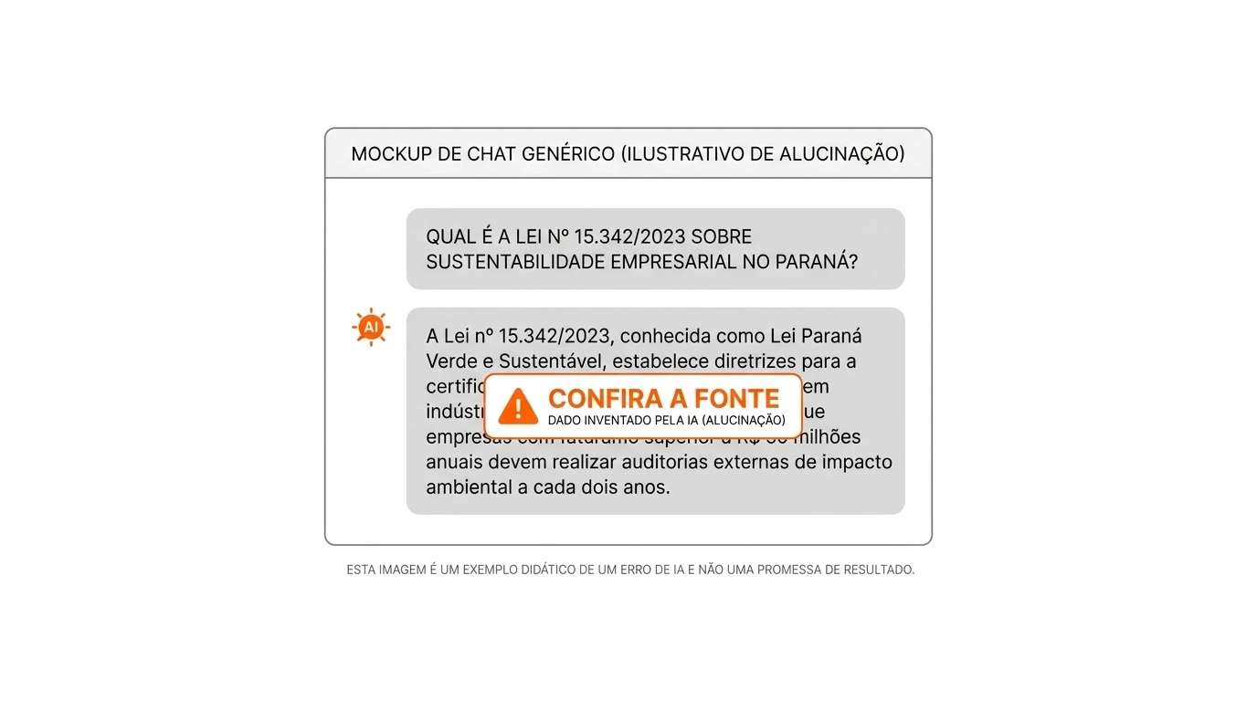 Mockup de chat genérico ilustrativo de alucinação, mostrando uma conversa com pergunta sobre a Lei nº 15.342/2023 e resposta com aviso de “confira, dado inventado pela IA (alucinação)”.