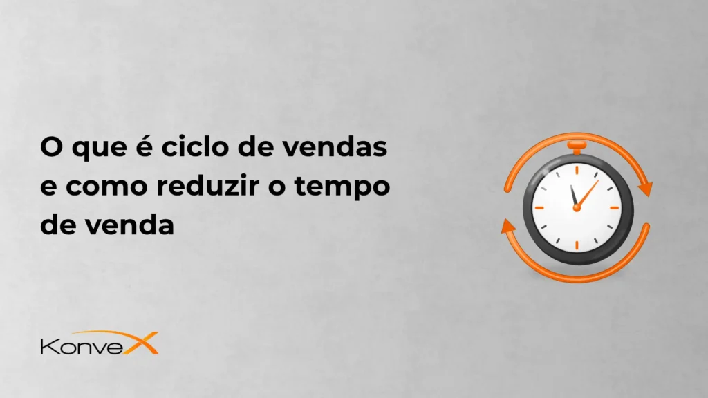 Imagem com fundo cinza e texto em destaque “O que é ciclo de vendas e como reduzir o tempo de venda”, ao lado de um relógio com setas laranja em formato de ciclo, indicando redução do tempo no processo comercial.