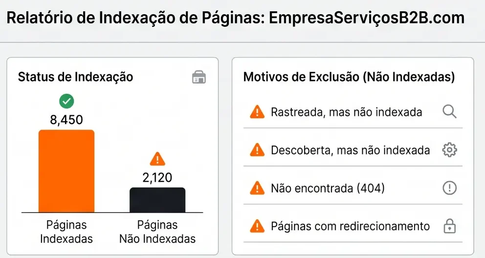 Imagem de um painel de relatório de indexação de páginas na tela de um computador, mostrando status de indexação e motivos de exclusão com contagens de páginas.