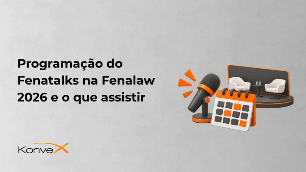 Arte promocional com texto “Programação do Fenatalks na Fenalaw 2026 e o que assistir”, com ícones de microfone, calendário e tela, fundo cinza claro.