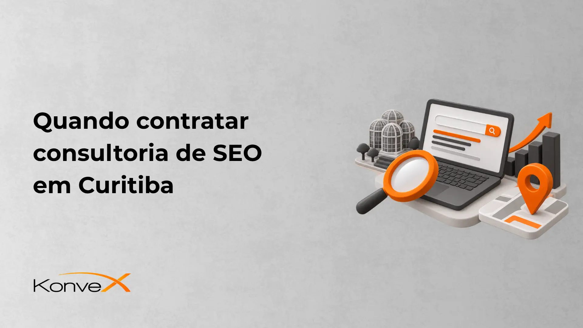 Quando contratar consultoria de SEO em Curitiba, com ilustração de computador e lupa ampliando dados de busca, além de ícones de mapa e localização.