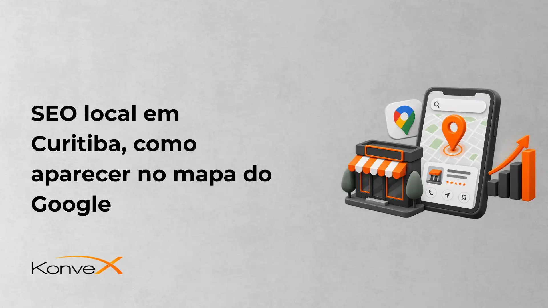 Ilustração de marketing digital sobre SEO local em Curitiba: ícone de loja com tablet e celular exibindo mapa do Google, além de gráfico de crescimento.