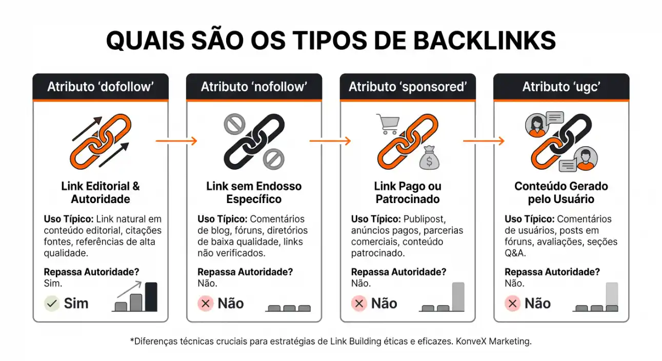 Infográfico com o tema “QUAIS SÃO OS TIPOS DE BACKLINKS”, mostrando quatro categorias: atributo dofollow (link editorial e autoridade), nofollow (link sem endosso específico), sponsored (link pago ou patrocinado) e ugc (conteúdo gerado pelo usuário).