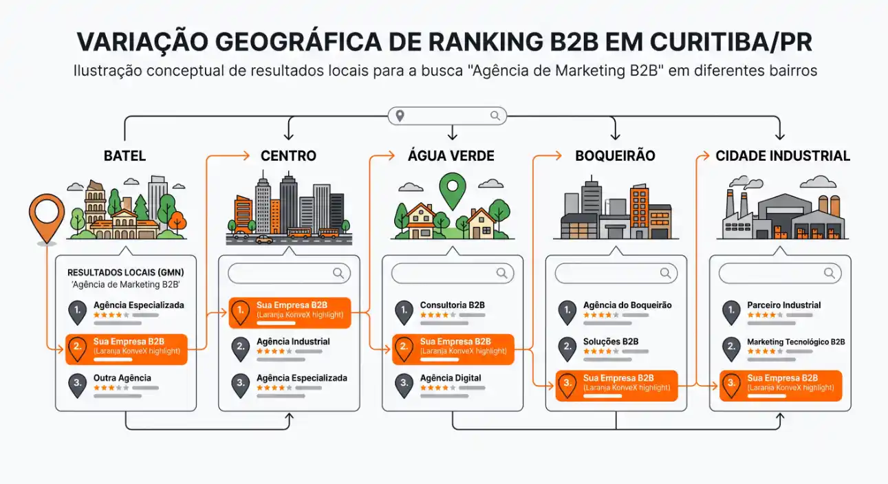 Ilustração conceitual com variação geográfica de ranking B2B em Curitiba/PR, mostrando resultados locais em bairros como Batel, Centro, Água Verde, Boqueirão e Cidade Industrial para “Agência de Marketing B2B”.
